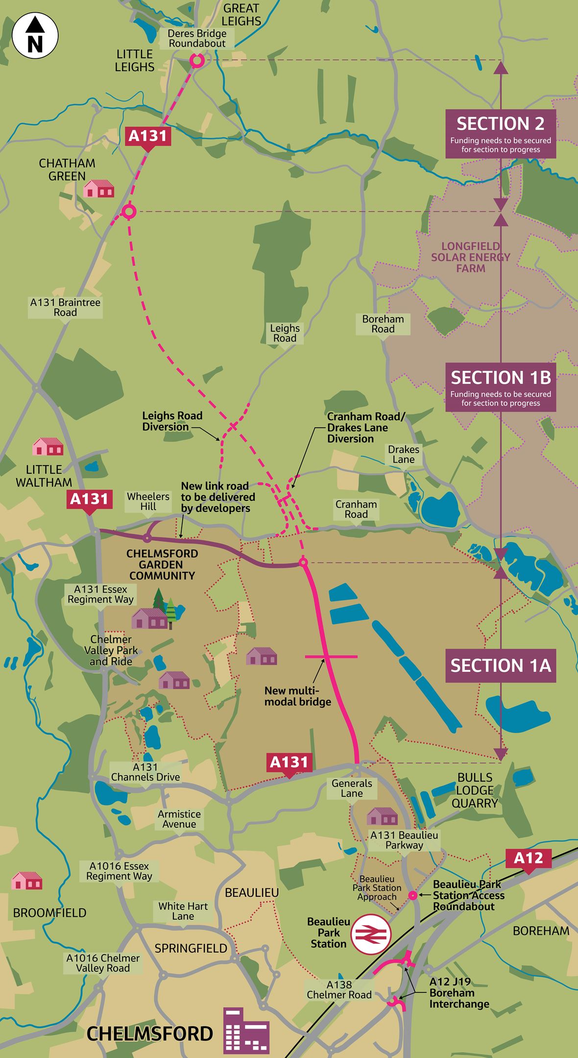 Map graphic showing the planned sections of the Chelmsford North East Bypass, including sections to be constructed as part of a future phase